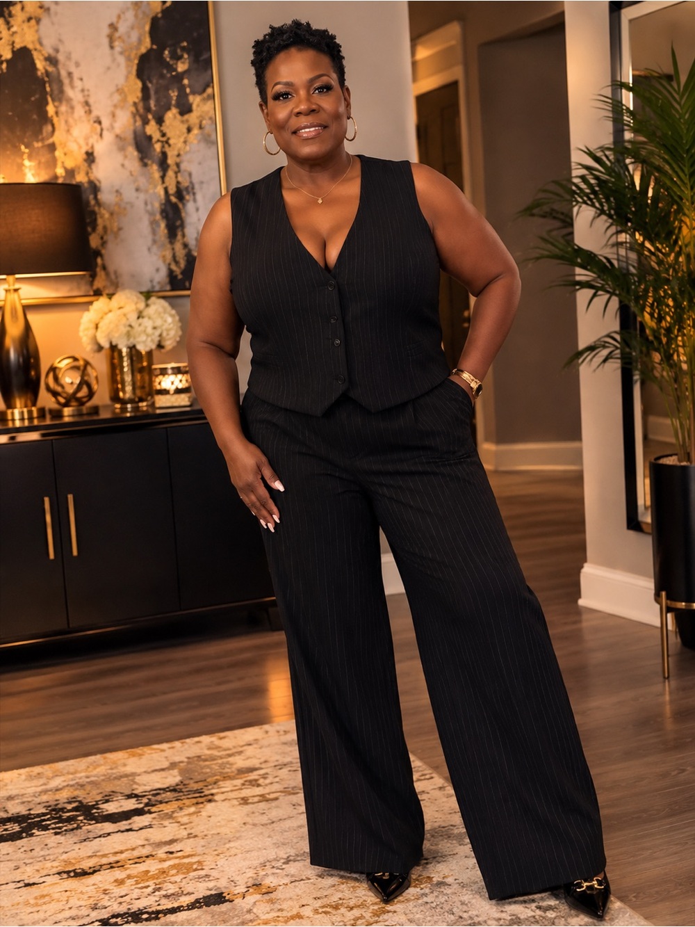 H&M Black Pinstripe Wide-Leg Pants with Matching Vest